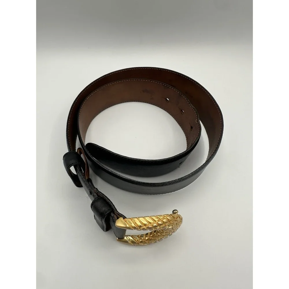 Donna Karan Vintage Black Leather Belt Gold Tone Mesh Buckle Medium